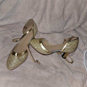 New Gold Glitter 2" Heels with Ankle Straps Sz 37 (6.5-7)